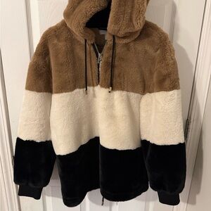 Topshop Tan, Cream & Black Faux Fur Colorblock Hoodie Womens size 8-10